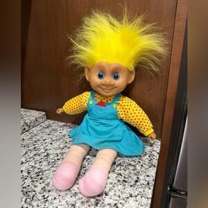 VINTAGE 1990s 15" TALL Plush Soft Troll Doll Yellow Hair Blue Dress Retro Toy